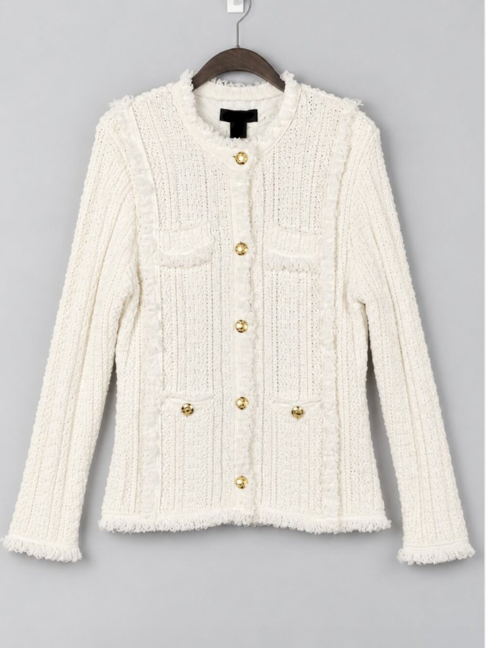Tahari Knit Cardigan Sweater Gold Buttons Fringe Trim Ivory Cream Size L